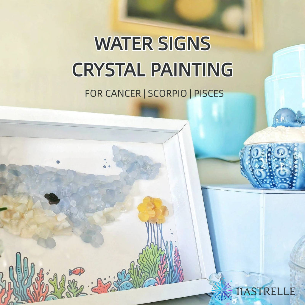 Water Signs Natural Crystal Painting of Whale in the Sea with USB Powered Night Light, Celestite, Moonstone, Wall or Desk Art Decor for Cancer Scorpio Pisces Zodiac Birthday Gifts