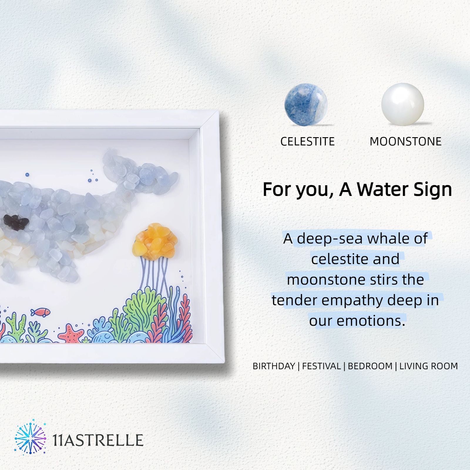 Water Signs Natural Crystal Painting of Whale in the Sea with USB Powered Night Light, Celestite, Moonstone, Wall or Desk Art Decor for Cancer Scorpio Pisces Zodiac Birthday Gifts