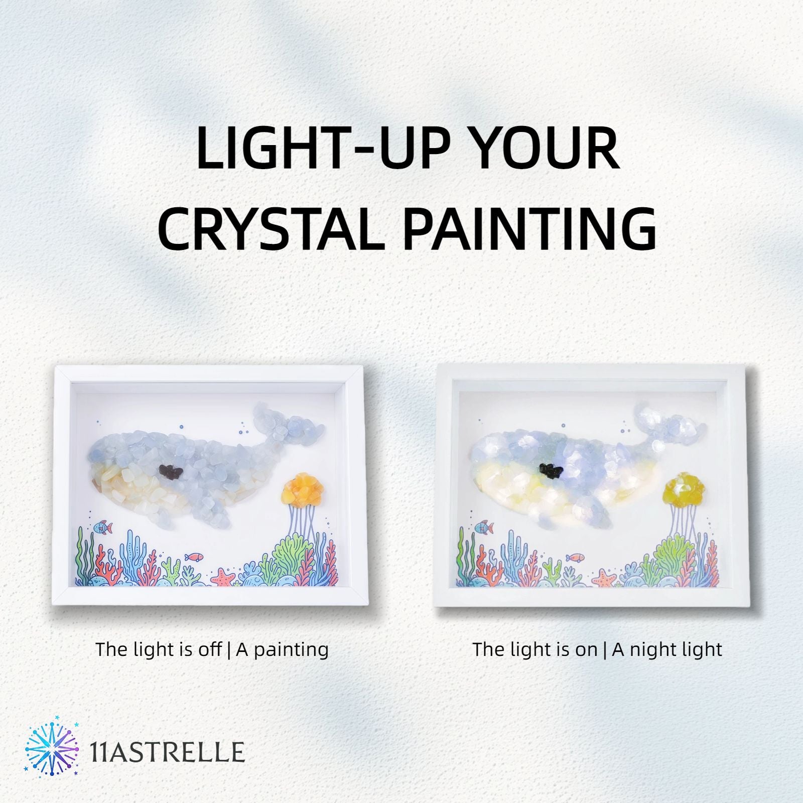 Water Signs Natural Crystal Painting of Whale in the Sea with USB Powered Night Light, Celestite, Moonstone, Wall or Desk Art Decor for Cancer Scorpio Pisces Zodiac Birthday Gifts
