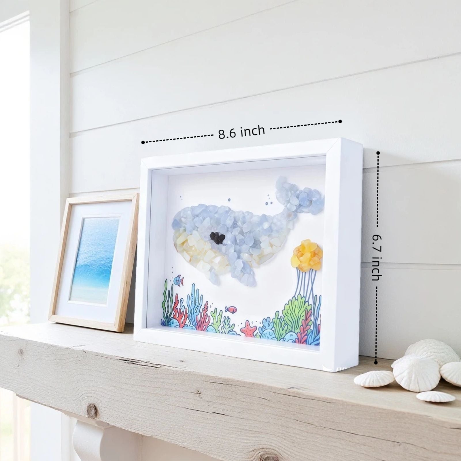 Water Signs Natural Crystal Painting of Whale in the Sea with USB Powered Night Light, Celestite, Moonstone, Wall or Desk Art Decor for Cancer Scorpio Pisces Zodiac Birthday Gifts