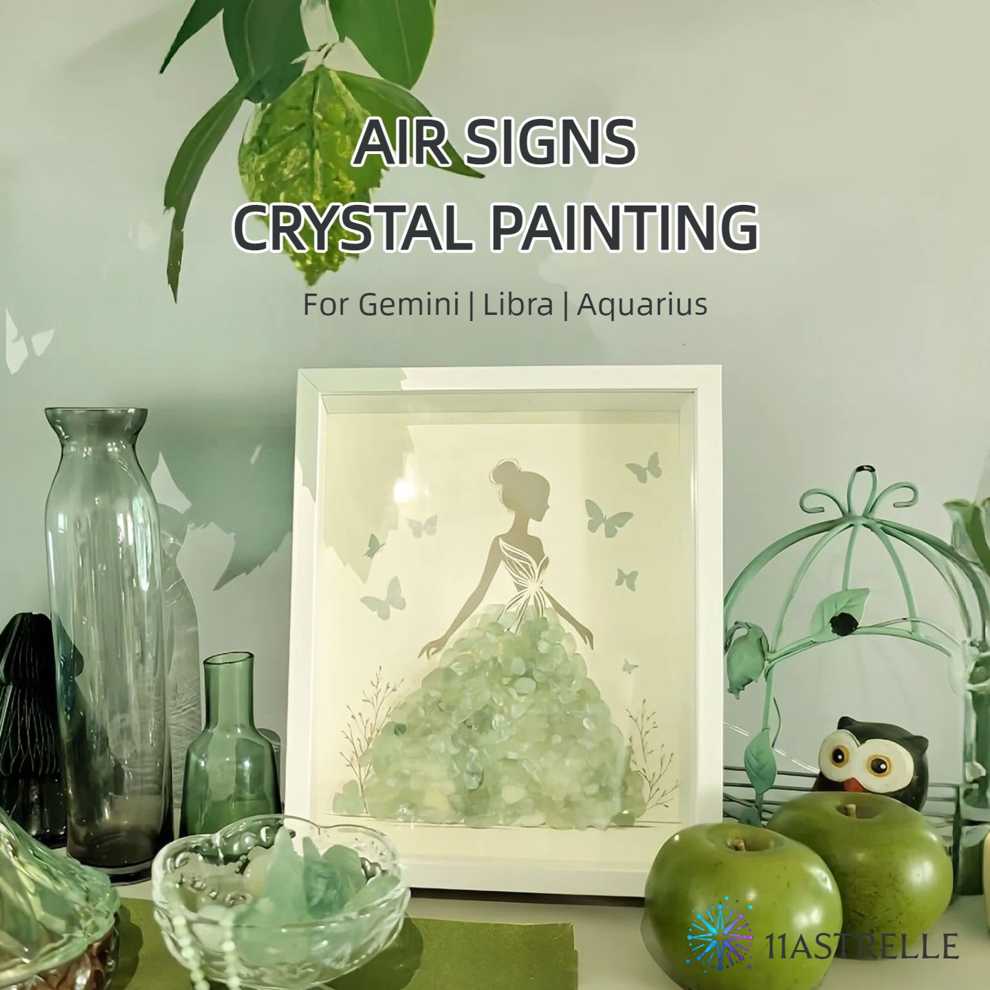 Air Signs Natural Crystal Painting of Dancing Girl with USB Powered Night Light, Green Fluorite, Wall or Desk Decor for Gemini Libra Aguarius Zodiac Gifts
