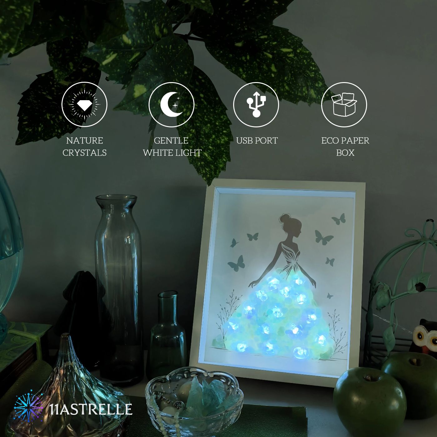Air Signs Natural Crystal Painting of Dancing Girl with USB Powered Night Light, Green Fluorite, Wall or Desk Decor for Gemini Libra Aguarius Zodiac Gifts