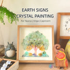 Earth Signs Natural Crystal Painting of Tree and Flowers with USB Powered Night Light, Fluorite, Prehnite, Birthday Gifts for Taurus Virgo Capricorn Zodiac Gift