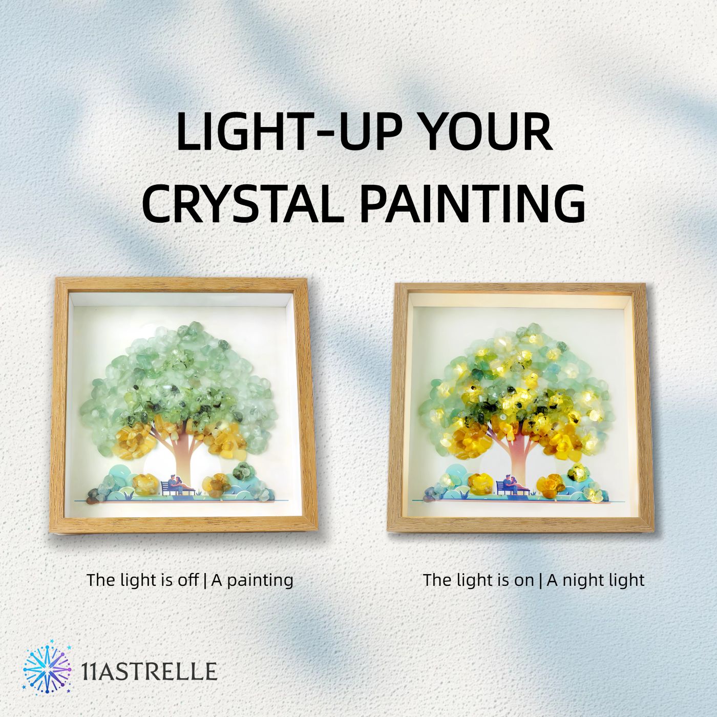 Earth Signs Natural Crystal Painting of Tree and Flowers with USB Powered Night Light, Fluorite, Prehnite, Birthday Gifts for Taurus Virgo Capricorn Zodiac Gift