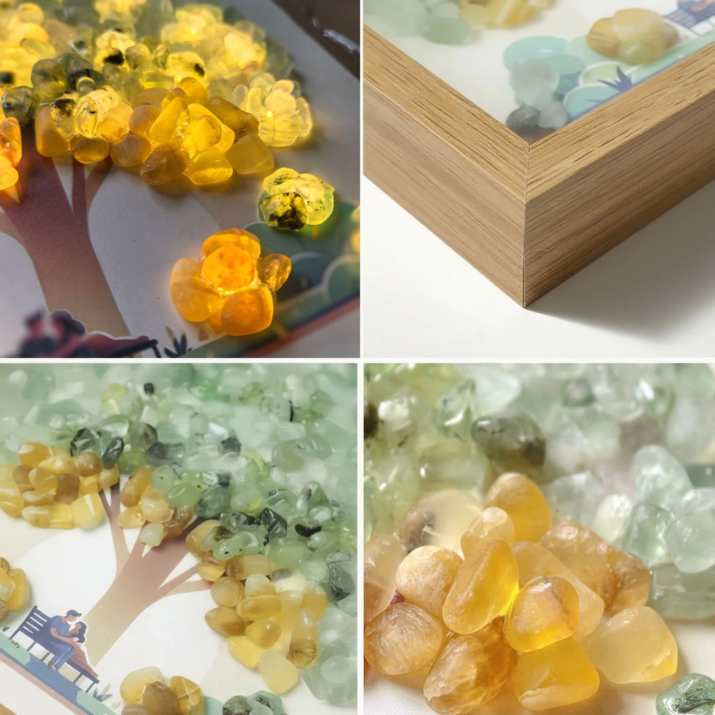 Earth Signs Natural Crystal Painting of Tree and Flowers with USB Powered Night Light, Fluorite, Prehnite, Birthday Gifts for Taurus Virgo Capricorn Zodiac Gift