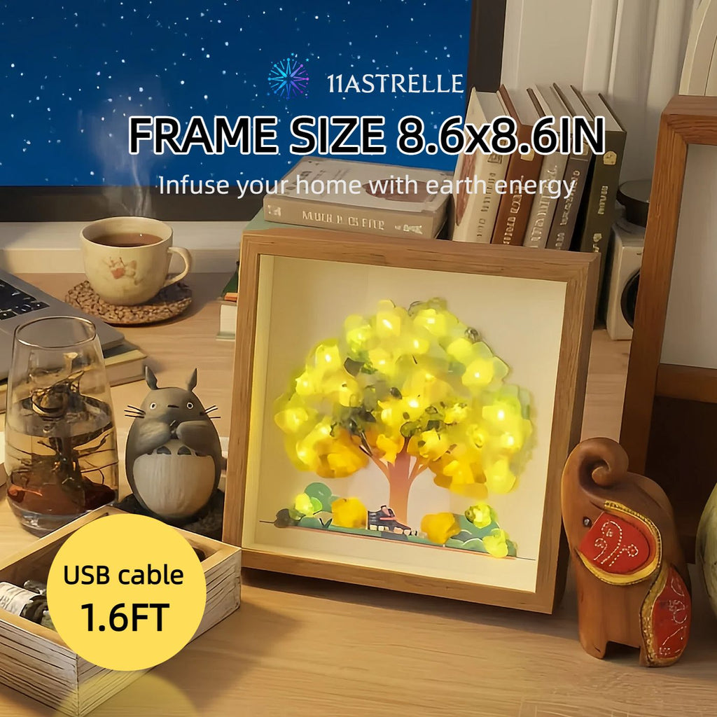 Earth Signs Natural Crystal Painting of Tree and Flowers with USB Powered Night Light, Fluorite, Prehnite, Birthday Gifts for Taurus Virgo Capricorn Zodiac Gift