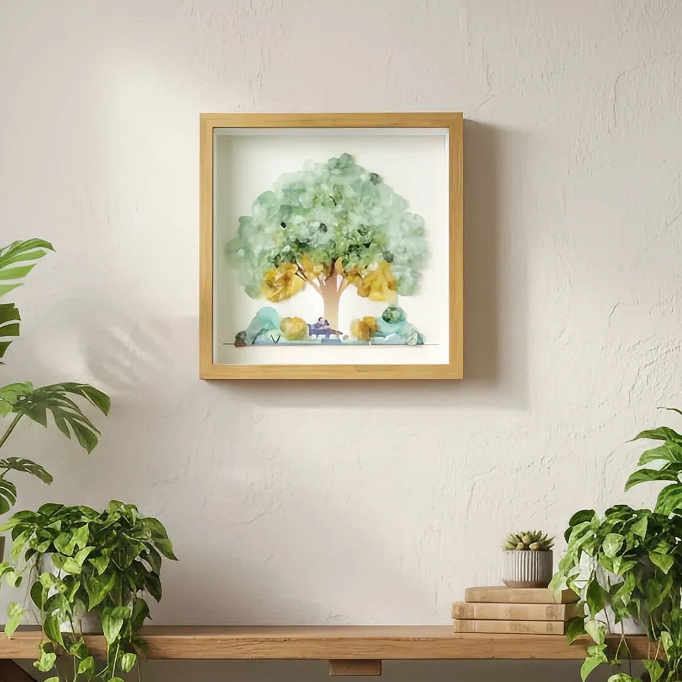 Earth Signs Natural Crystal Painting of Tree and Flowers with USB Powered Night Light, Fluorite, Prehnite, Birthday Gifts for Taurus Virgo Capricorn Zodiac Gift