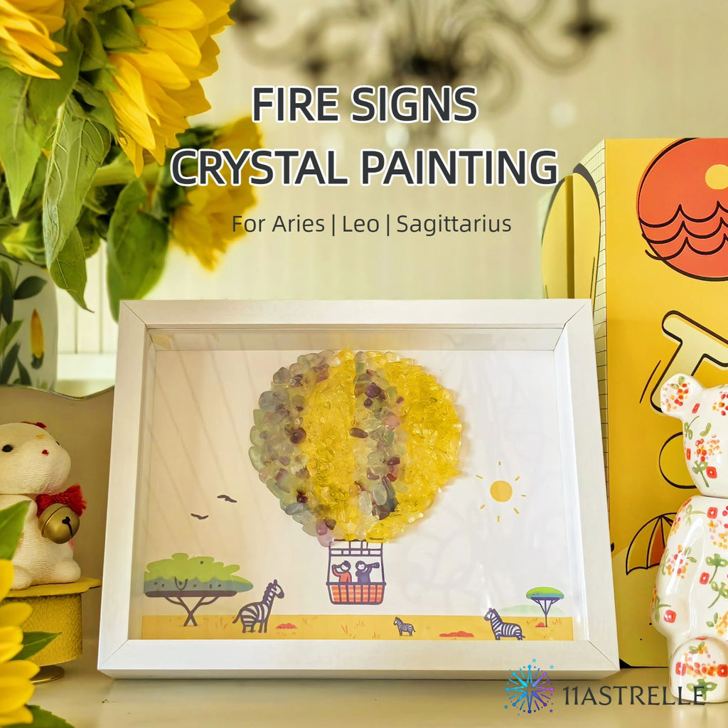 Fire Signs Natural Crystal Painting of Hot Air Balloon with USB Powered Night Light, Citrine, Fluorite, Wall or Desk Decor for Aries Leo Sagittarius Zodiac Gifts
