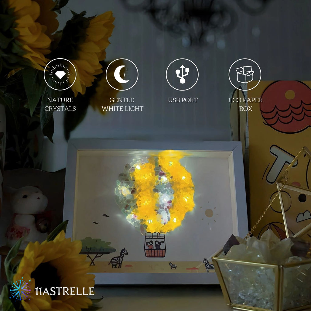 Fire Signs Natural Crystal Painting of Hot Air Balloon with USB Powered Night Light, Citrine, Fluorite, Wall or Desk Decor for Aries Leo Sagittarius Zodiac Gifts