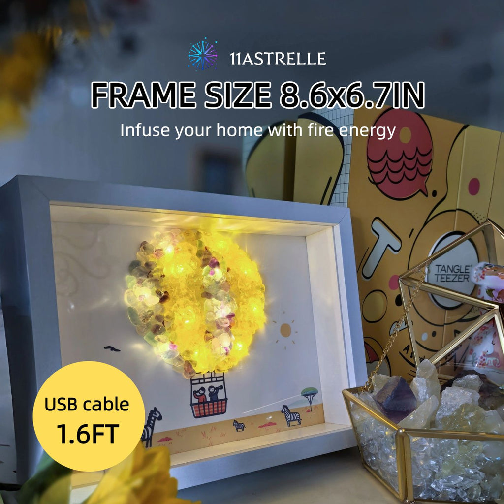 Fire Signs Natural Crystal Painting of Hot Air Balloon with USB Powered Night Light, Citrine, Fluorite, Wall or Desk Decor for Aries Leo Sagittarius Zodiac Gifts