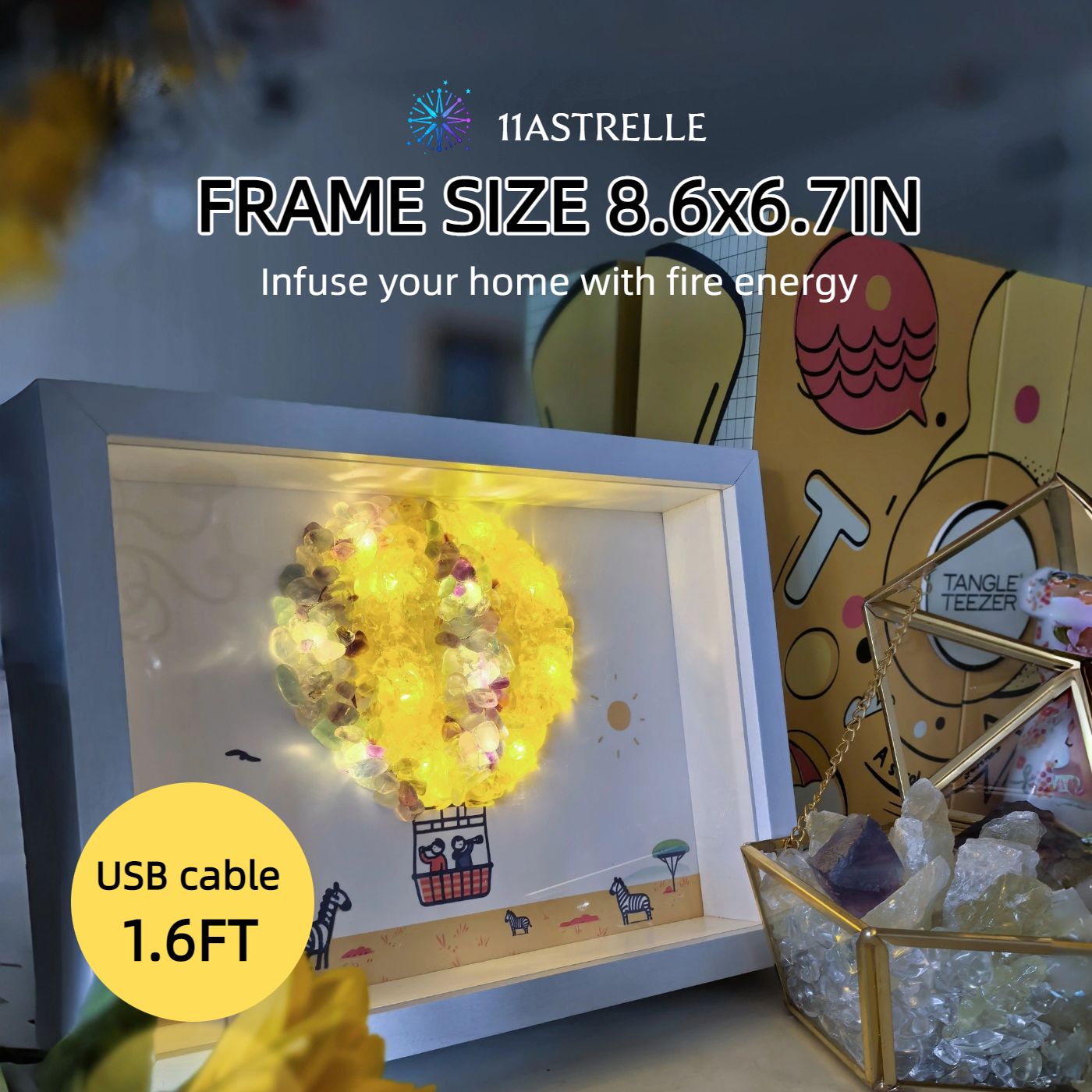 Fire Signs Natural Crystal Painting of Hot Air Balloon with USB Powered Night Light, Citrine, Fluorite, Wall or Desk Decor for Aries Leo Sagittarius Zodiac Gifts