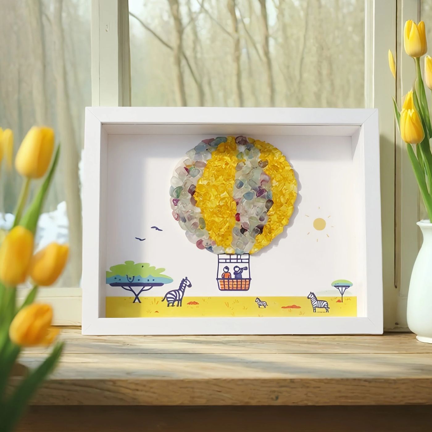 Fire Signs Natural Crystal Painting of Hot Air Balloon with USB Powered Night Light, Citrine, Fluorite, Wall or Desk Decor for Aries Leo Sagittarius Zodiac Gifts